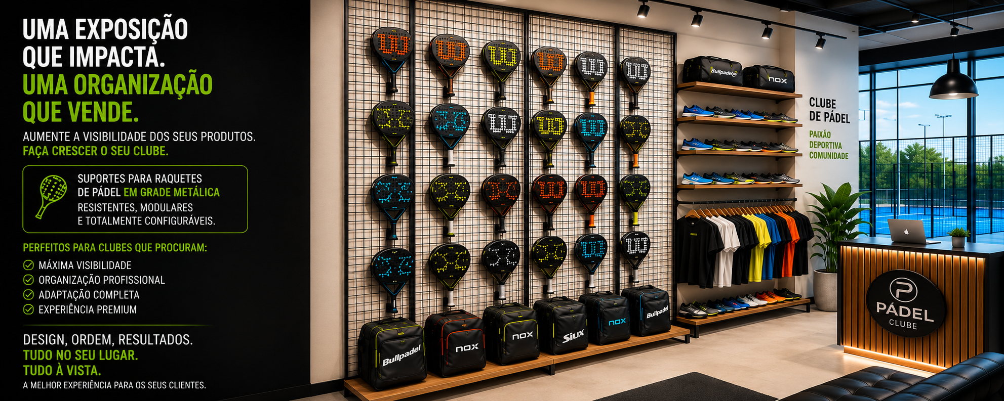 Expositores y soportes para tiendas de pádel con raquetas, calzado y accesorios en espacio comercial moderno Shelf2000Home